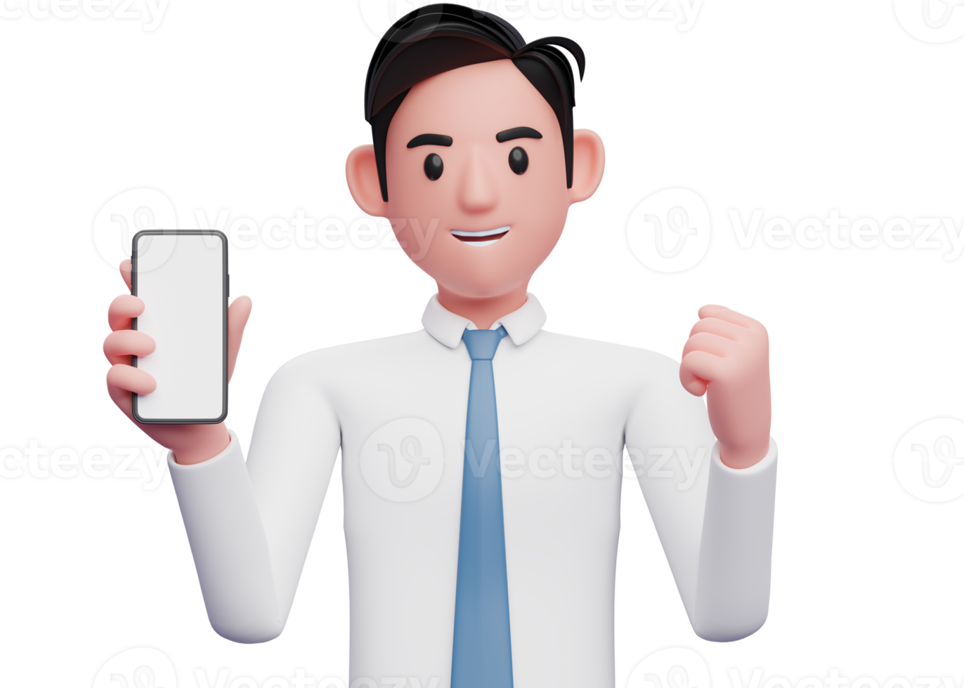 portrait of a businessman holding a cell phone while celebrating clenching his fist, 3d illustration of businessman using phone png