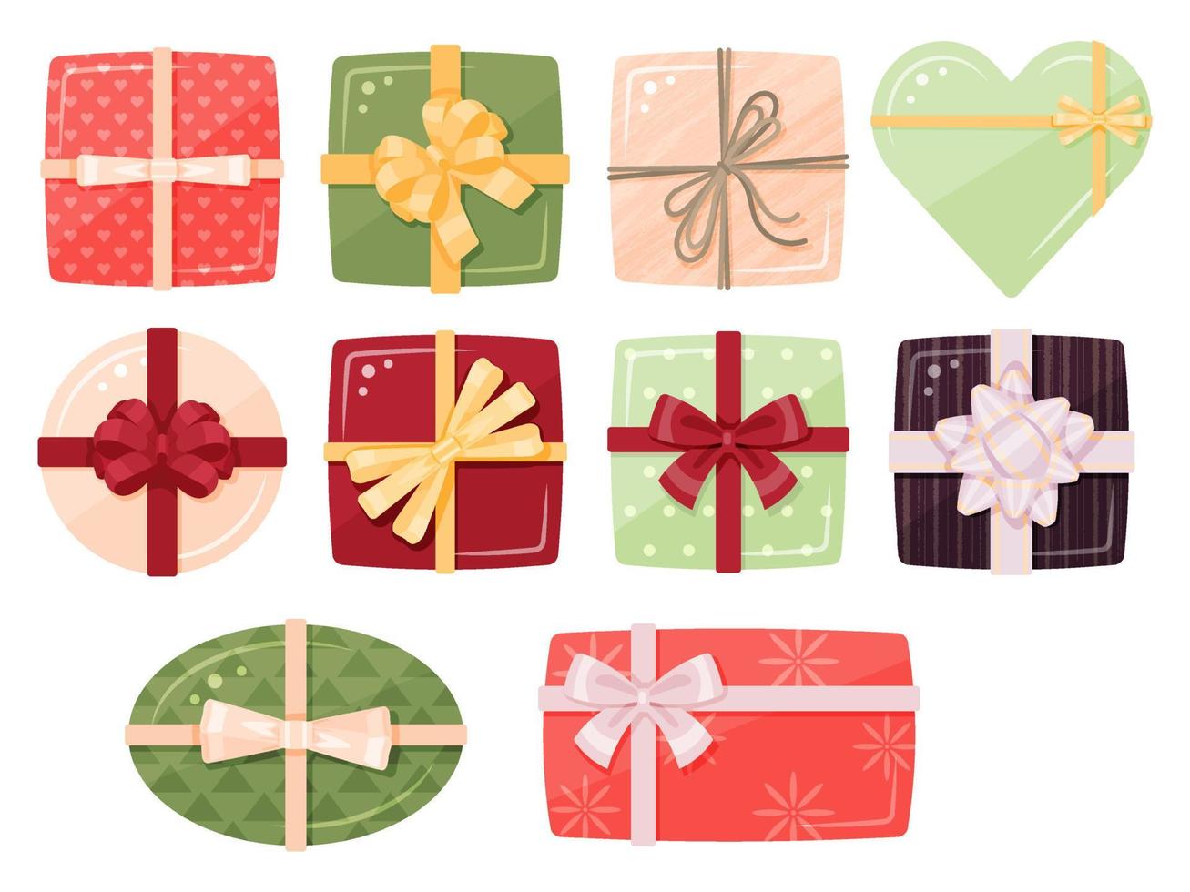 Set of gift boxes isolated on white. Top view. Cute elements. Cartoon style. Vector illustration.