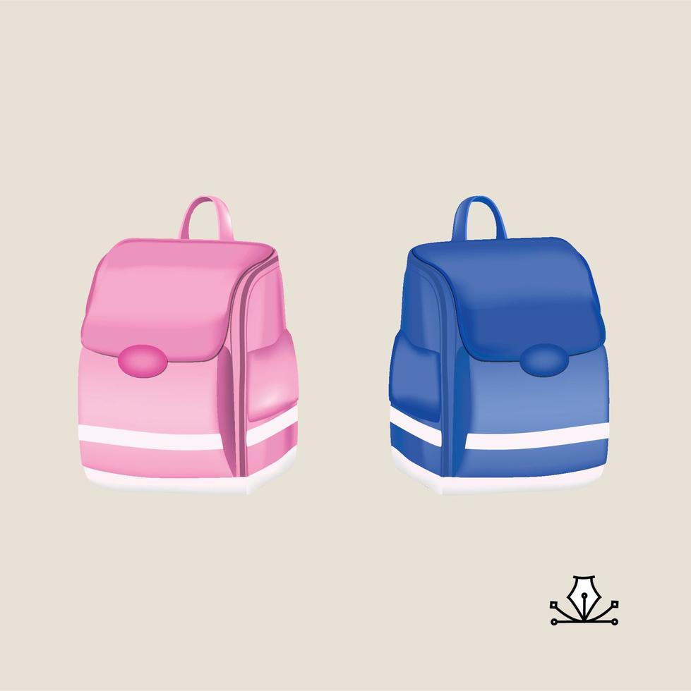 Briefcase for school children. Pink briefcase for a girl and blue for a boy. The design of school subjects. Illustrations of school briefcases backpacks on a white background vector