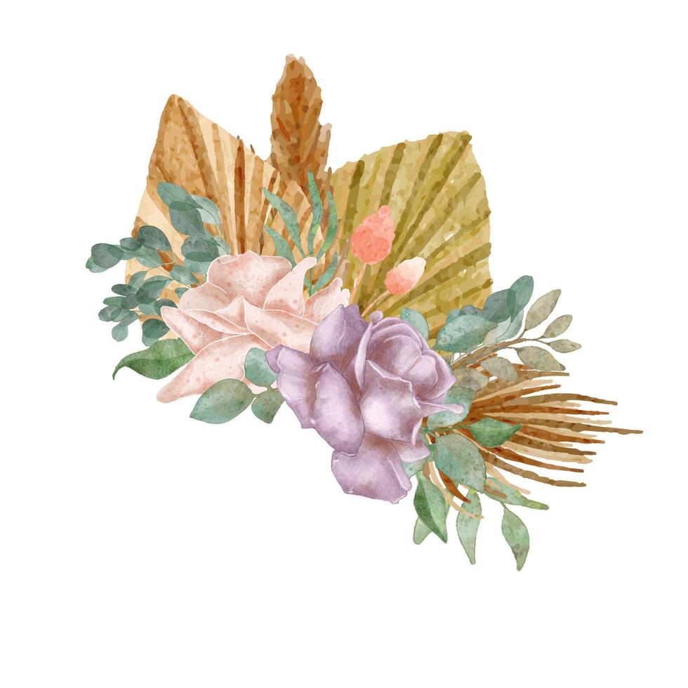 Bohemian bridal watercolor pampass flowers, Boho leaves,Vintage flowers. vector