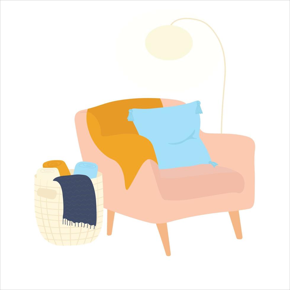 Cozy armchair with lamps. Soft pillows and warm blankets vector stock illustration. isolated on a white background. Hygge winter interior