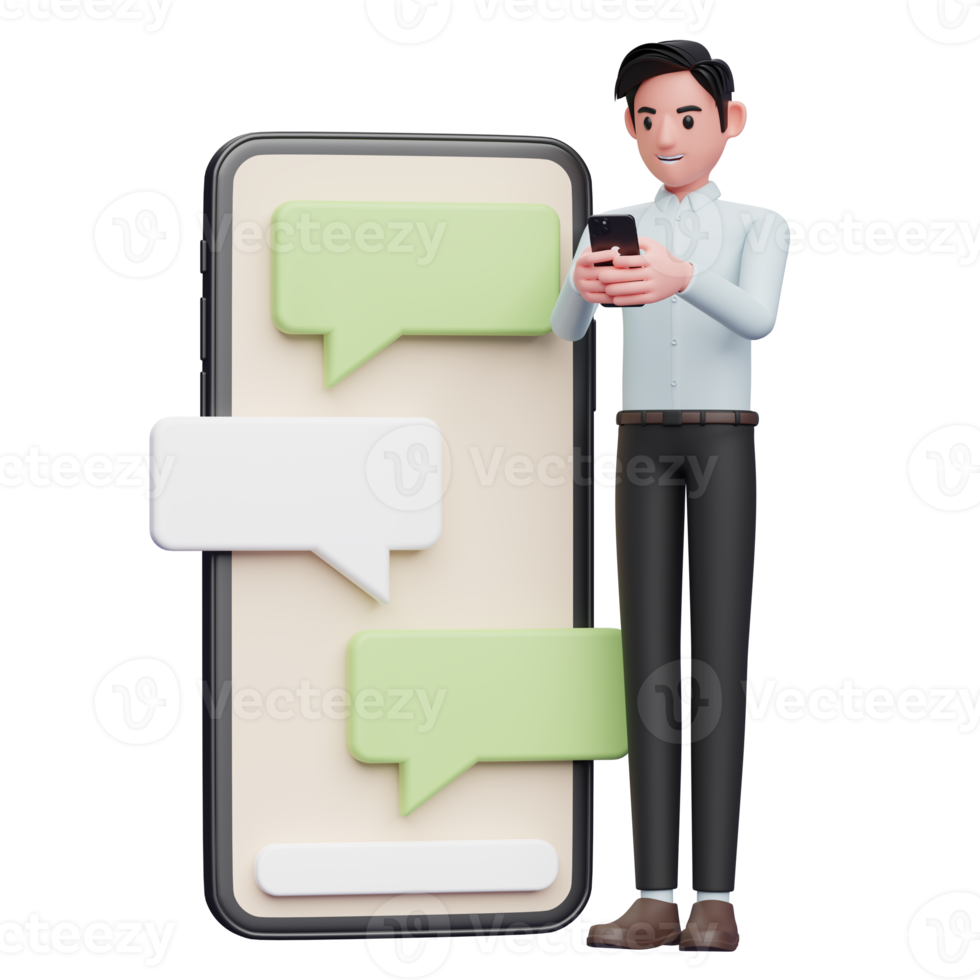 businessman is typing on the phone beside a big phone with bubble chat ornament, 3d illustration of businessman holding phone png