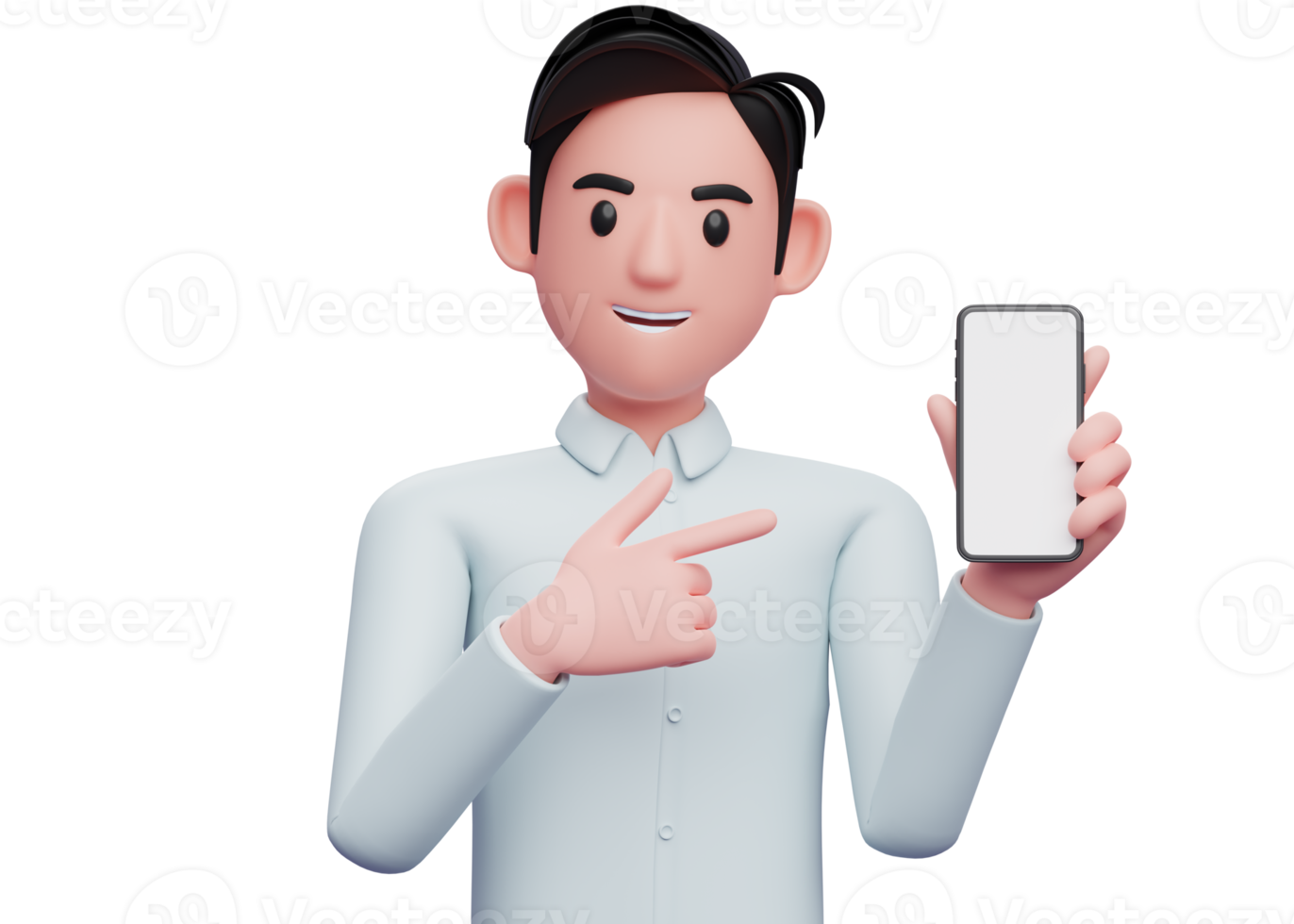 businessman pointing with a finger gun at the cellphone she is holding, 3d illustration of businessman holding phone png