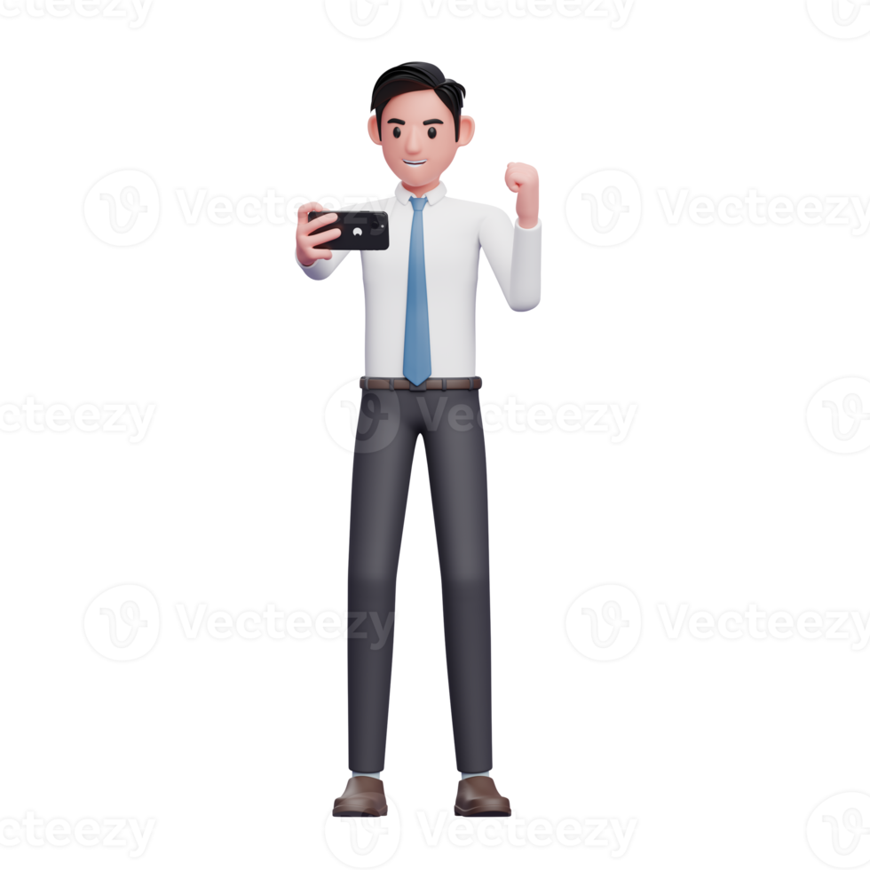 Businessman in white shirt celebrating while looking at the phone screen, 3d illustration of businessman using phone png