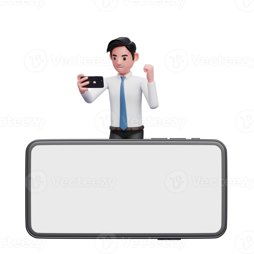 successful businessman celebrating and standing behind big landscape mobile phone, 3d illustration of businessman using phone png