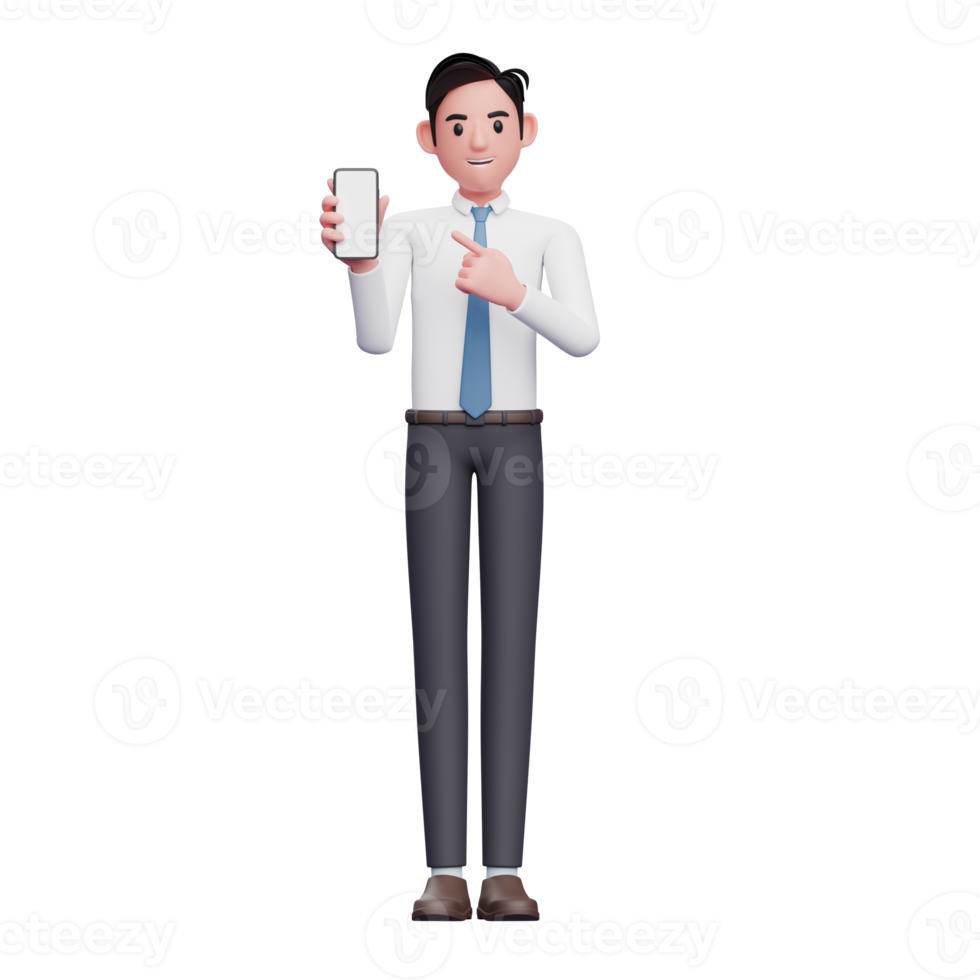 Businessman in white shirt blue tie pointing to phone screen, 3d illustration of businessman using phone png