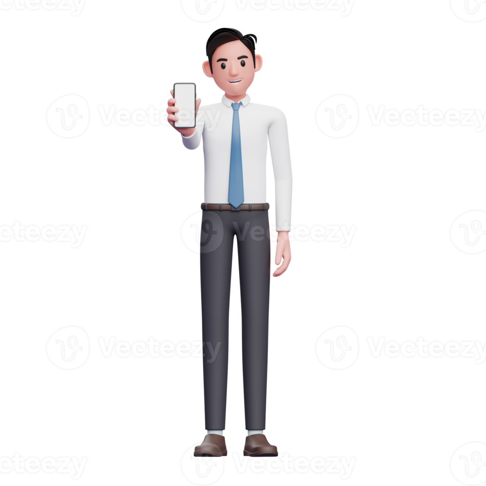 businessman in white shirt showing phone screen, 3d illustration of businessman using phone png
