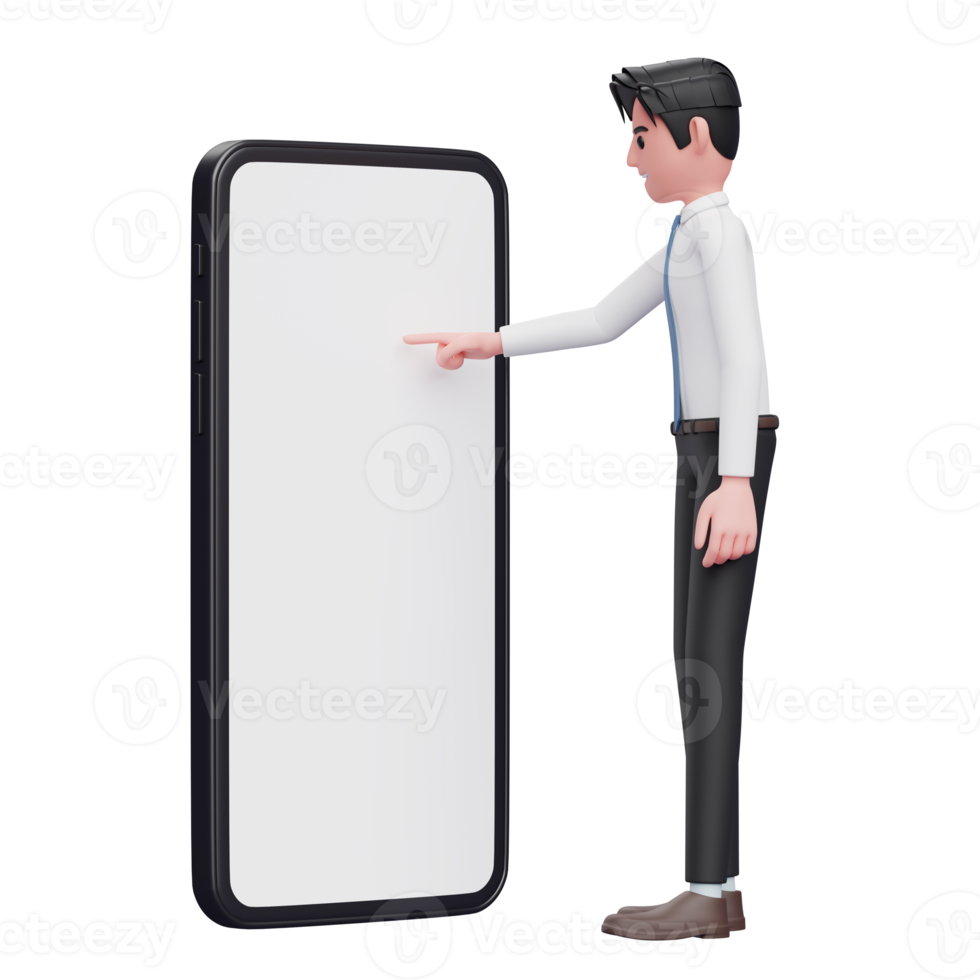 Businessman in white shirt blue tie touching phone screen with index finger, 3d illustration of businessman using phone png