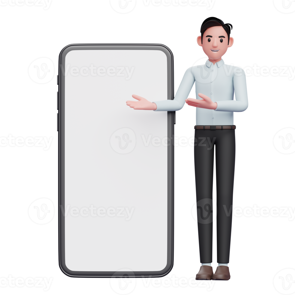 stehender Geschäftsmann präsentiert großes Telefon mit weißem Bildschirm, 3D-Darstellung des Geschäftsmannes mit Telefon png