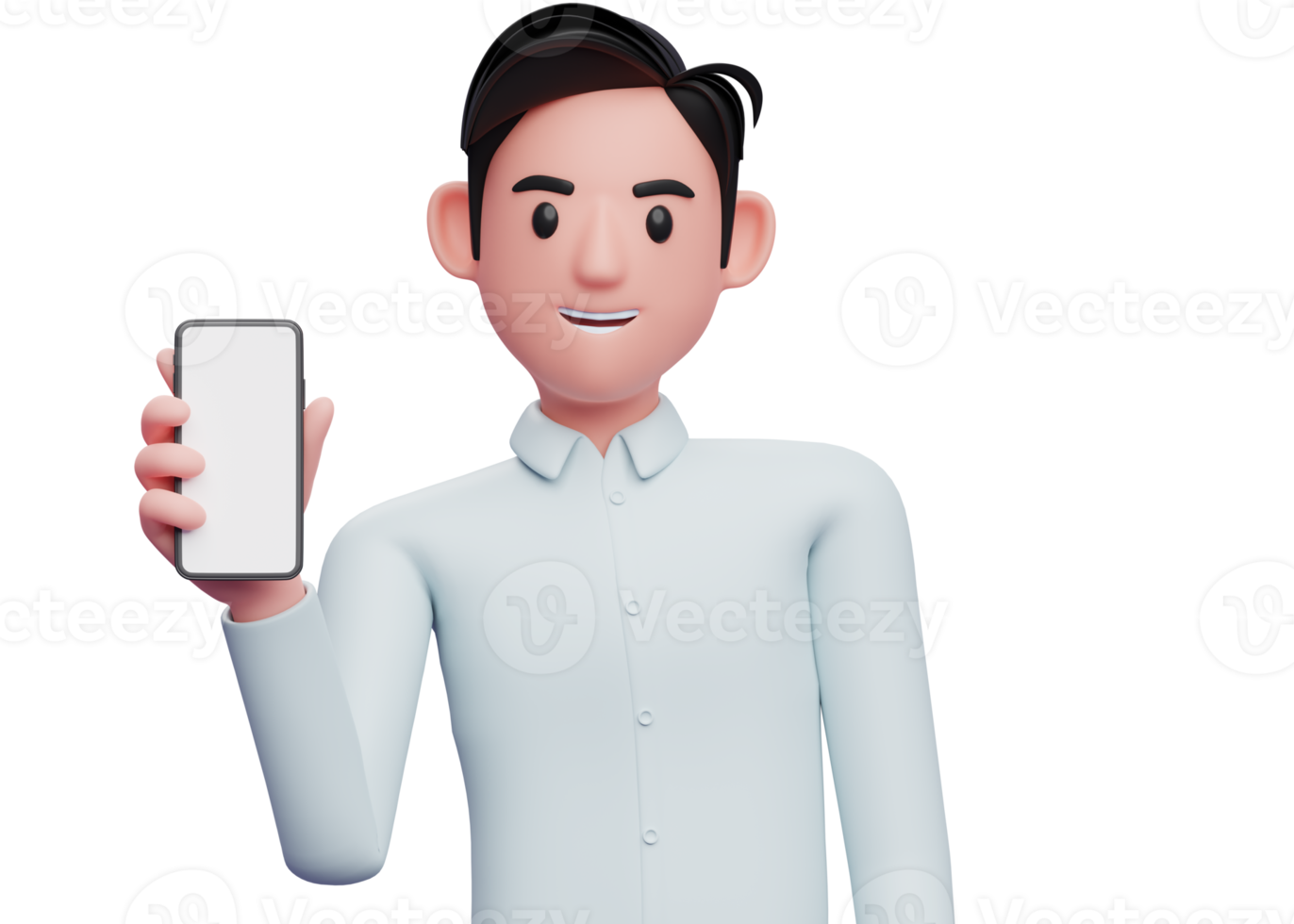businessman in blue shirt holding a cellphone while tilting her body, 3d illustration of businessman holding phone png