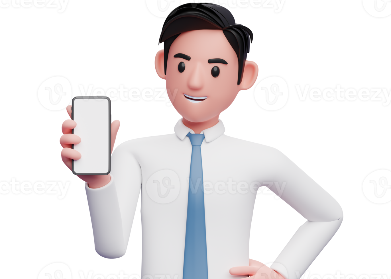 portrait of a businessman in white shirt holding and looking phone with left hand on waist, 3d illustration of businessman using phone png