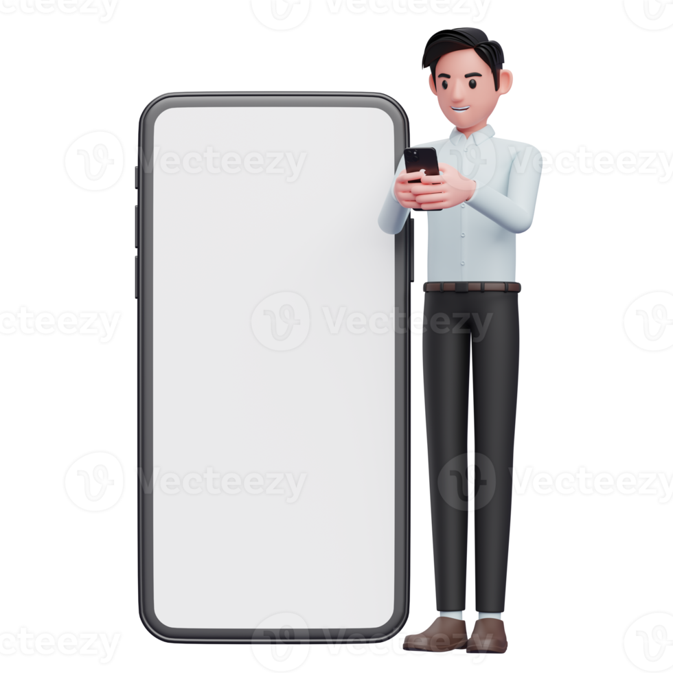 Businessman in blue shirt Typing Message on the Smartphone, 3d illustration of businessman holding phone png