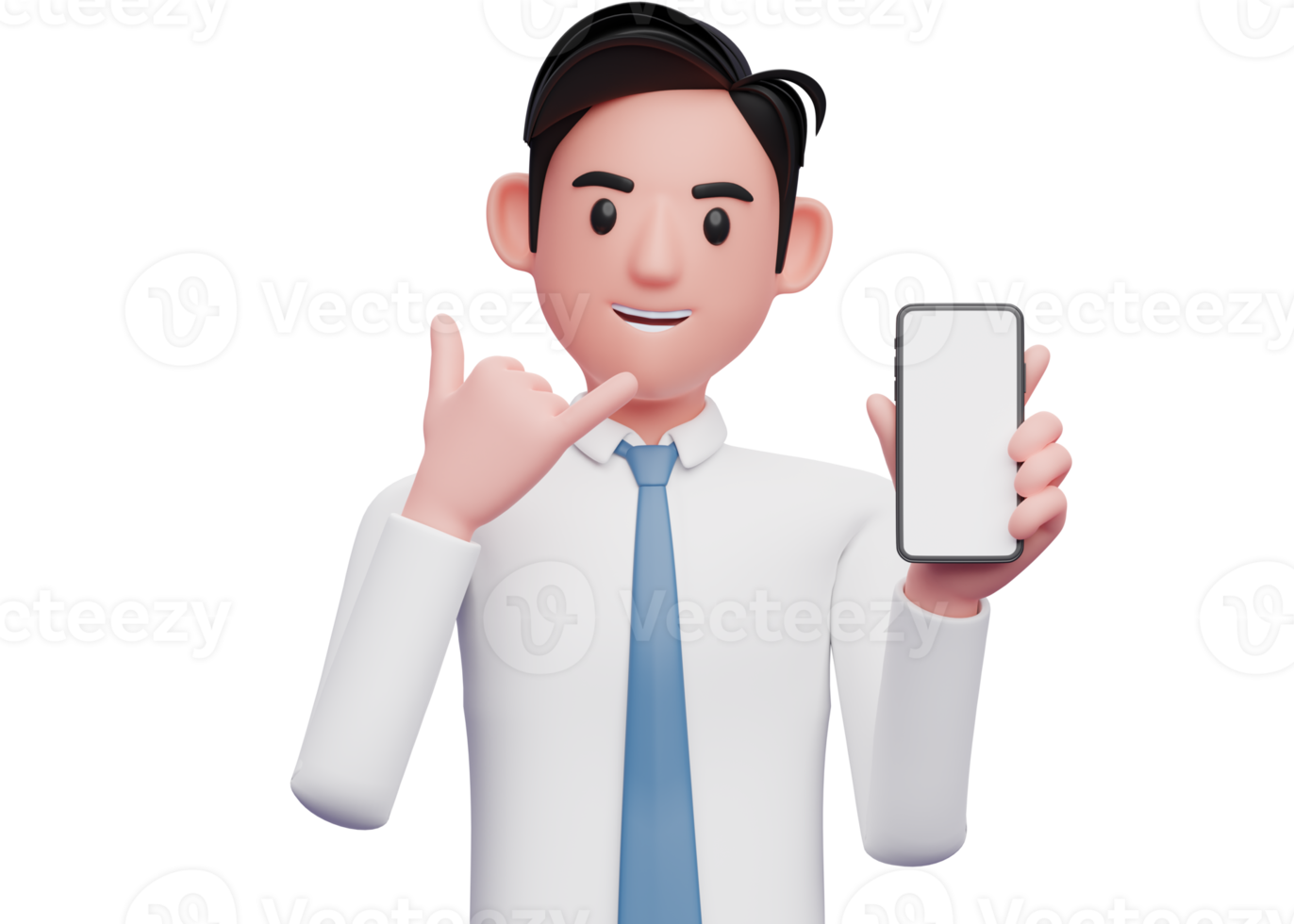 businessman in white shirt doing call me gesture and holding phone, 3d illustration of businessman using phone png