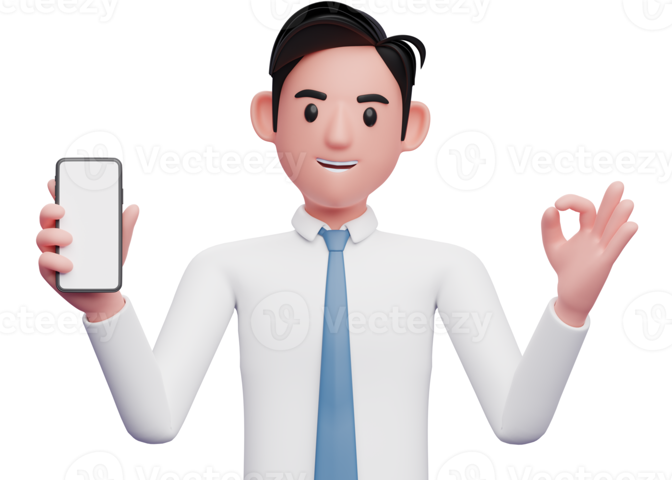 portrait of a businessman in white shirt giving ok finger while showing phone screen, 3d illustration of businessman using phone png