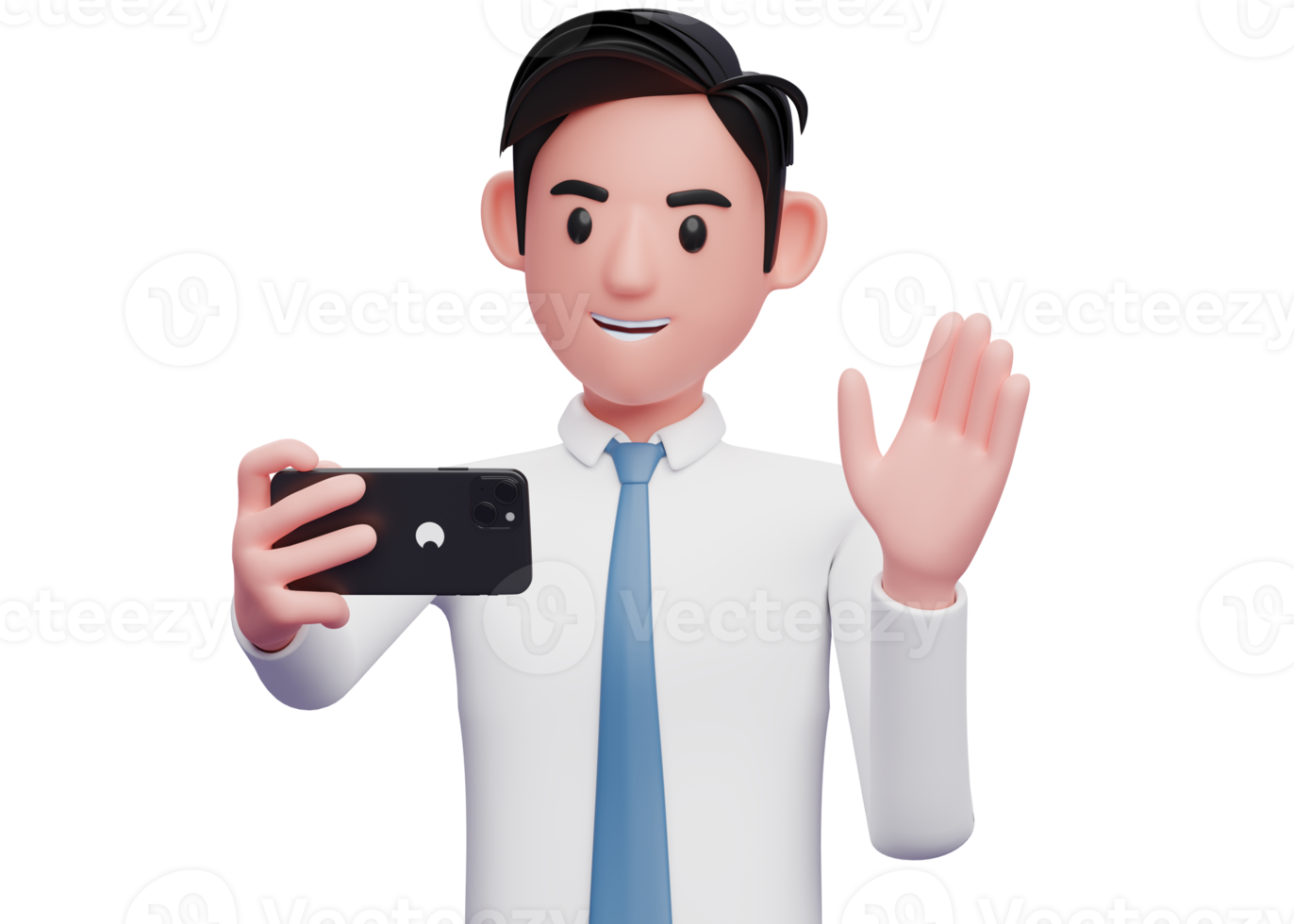 portrait of a businessman in white shirt making a video call with a cell phone, 3d illustration of businessman using phone png