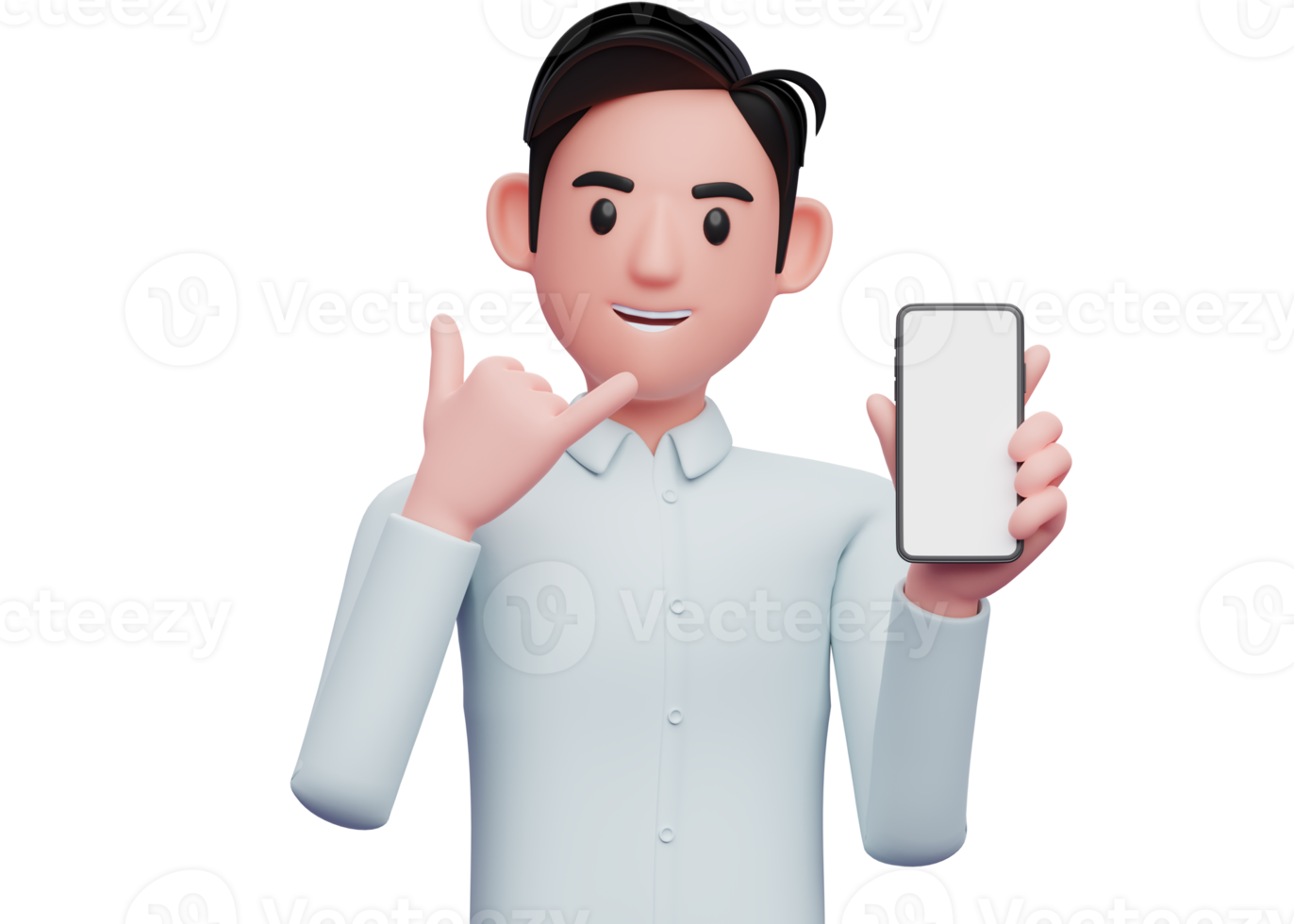 hombre de negocios sosteniendo un teléfono celular con el gesto llámame firmar dedo, ilustración 3d del hombre de negocios sosteniendo el teléfono png