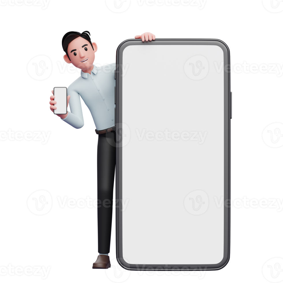 businessman appears from behind a big phone and holding phone, 3d illustration of businessman holding phone png