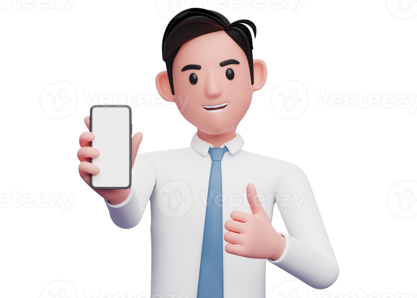 retrato de um empresário de camisa branca dando apreciação com os polegares enquanto mostra uma tela de celular, ilustração 3d do empresário usando o telefone png