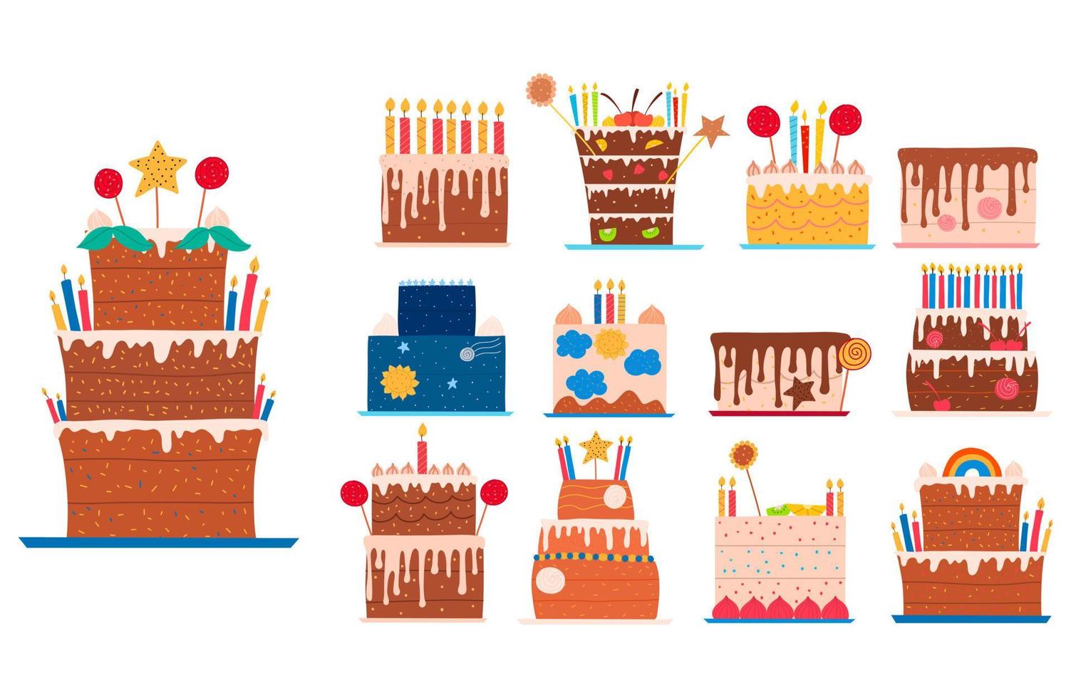 conjunto de tortas dulces festivas planas. ilustración vectorial dibujada a mano. vector