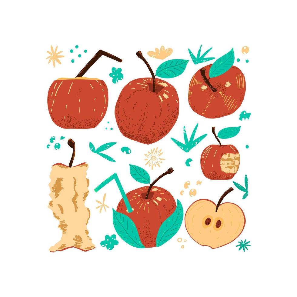 Set of red apples in different shapes. Harvest of ripe fruits. Set of design elements in the style of hand drawing. Vector illustration