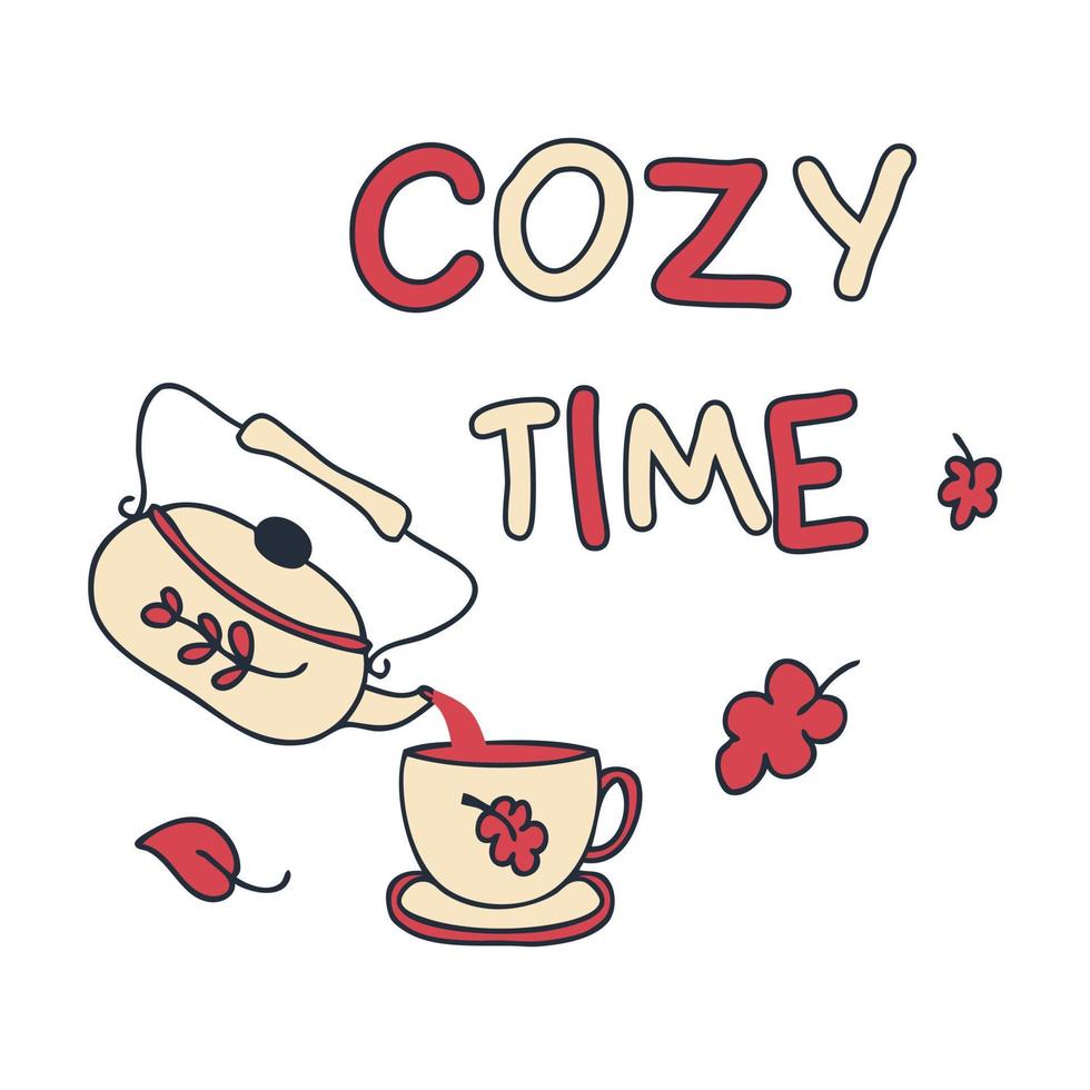 COZY TIME slogan print with teapot and cup. vector