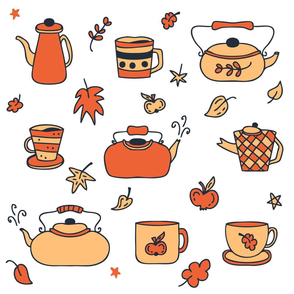 colección de otoño de teteras, tazas y tazas dibujadas a mano. vector