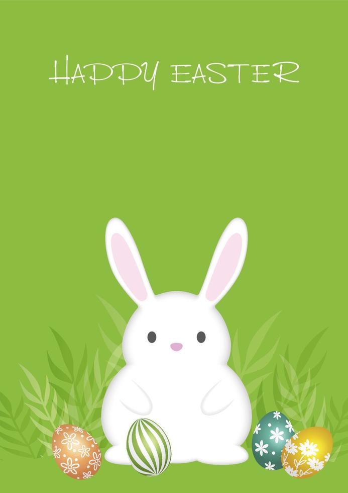 Easter Background Vector Illustration With An Easter Bunny, Colorful Eggs, And Text Space Isolated On A Green Background.