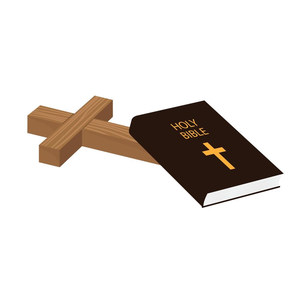 Christian wooden cross lies next to the bible book vector