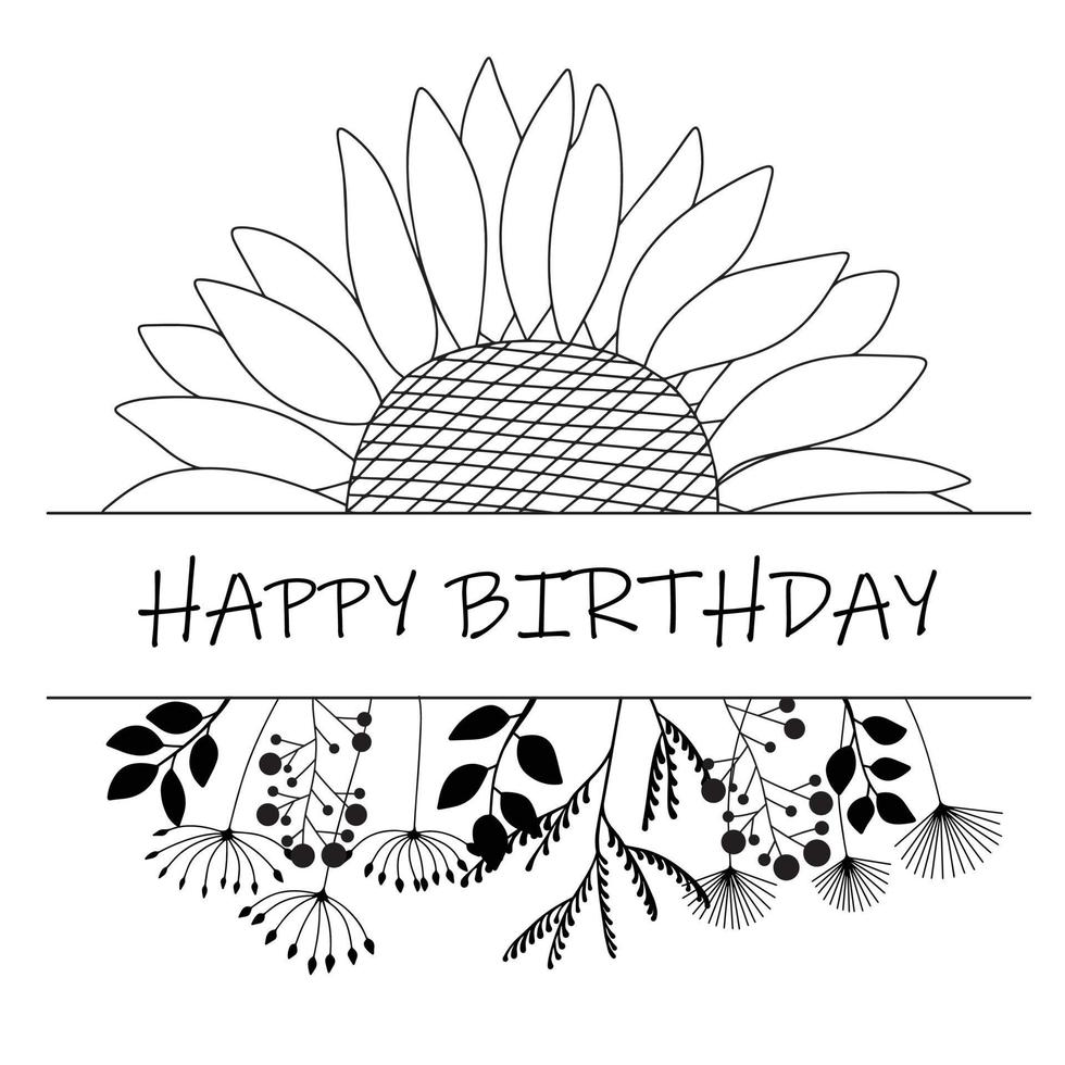 Happy Birthday card with Sunflowers and abstracts flower. Vector illustration.