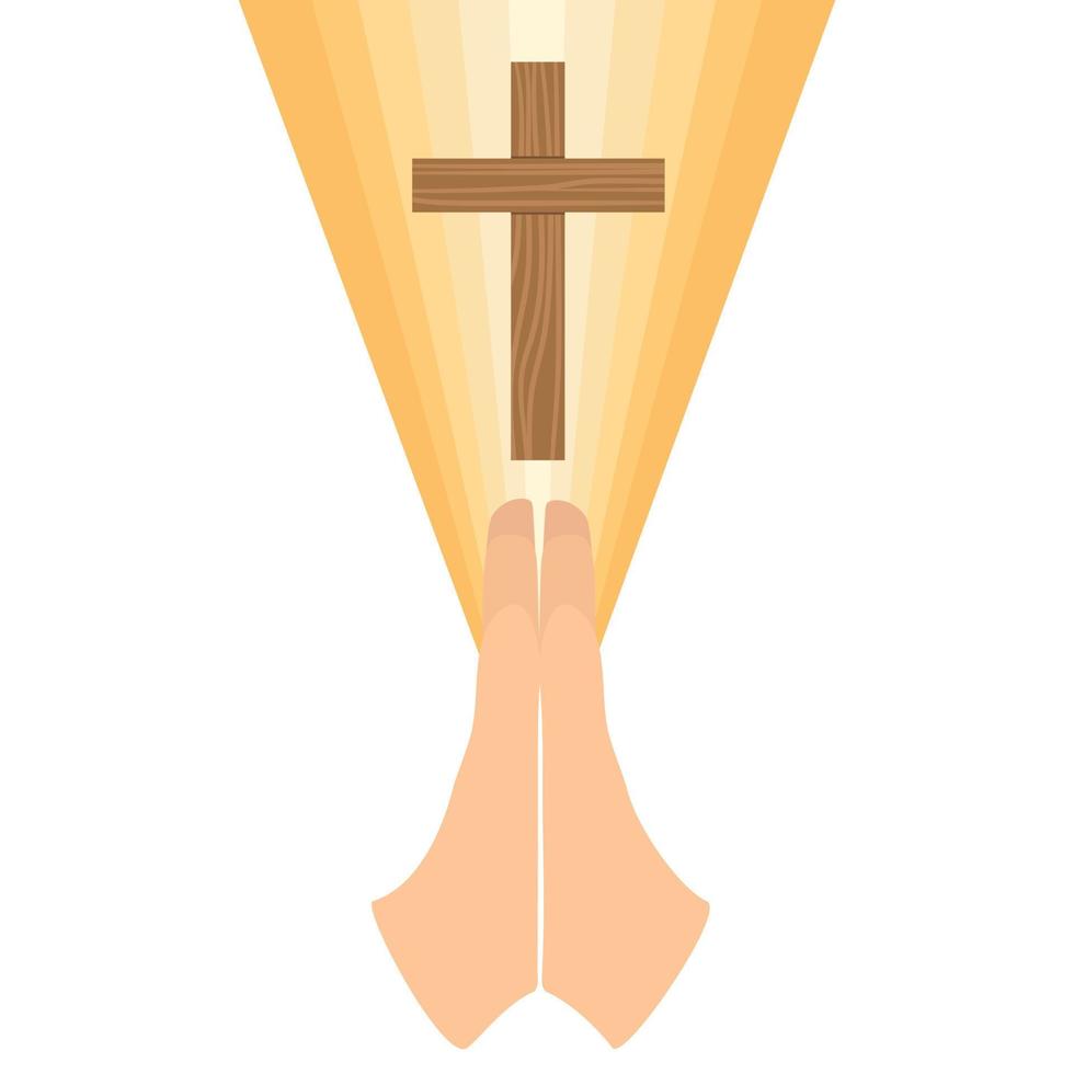 Two European hands are folded in prayer to the Lord God and ascend to the cross vector