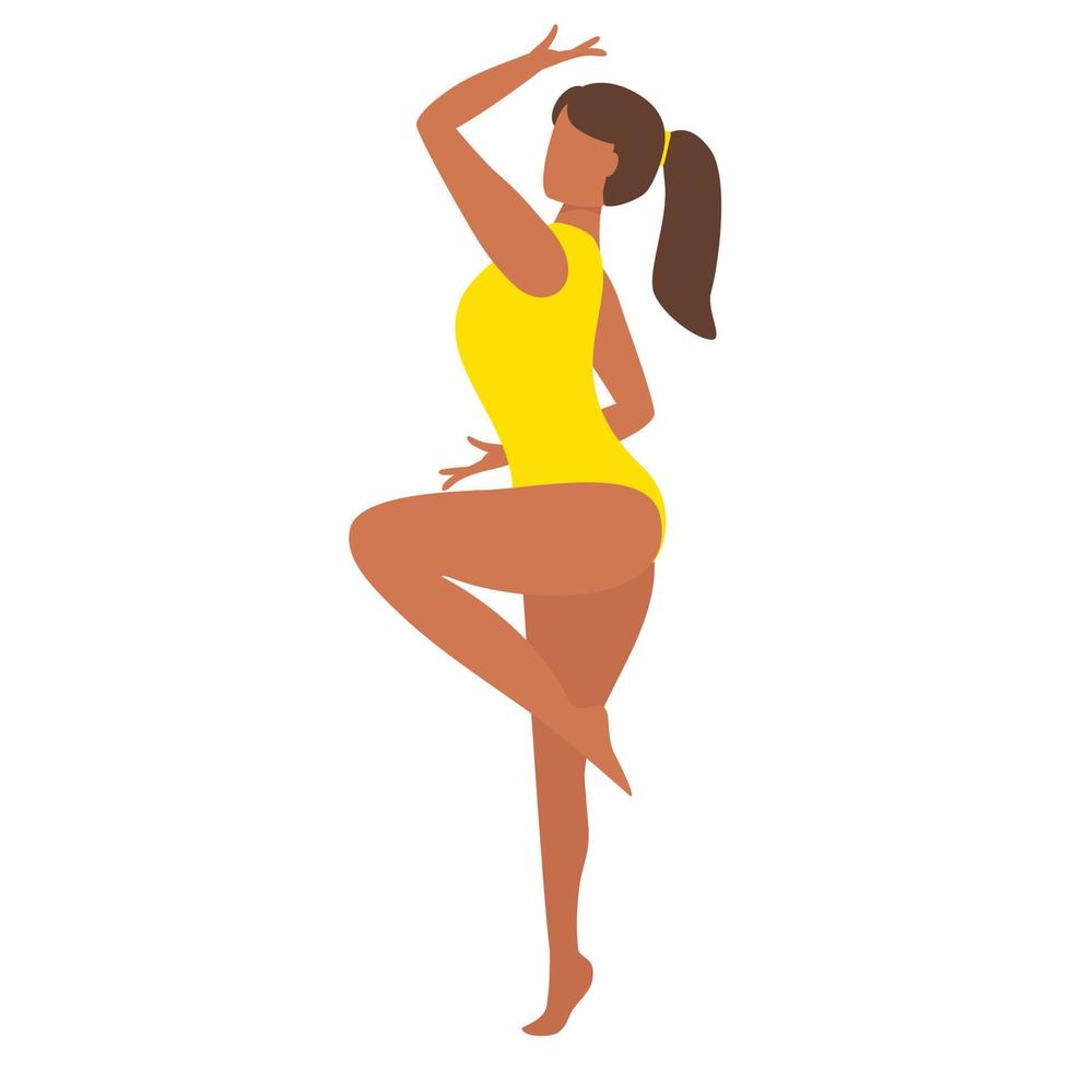 Latin woman is dancing in yellow swimsuit. Vector illustration.