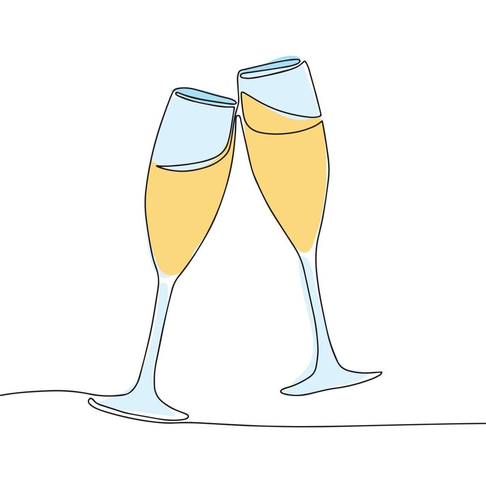 Two glasses of champagne clink. Color line art vector illustration outline one line