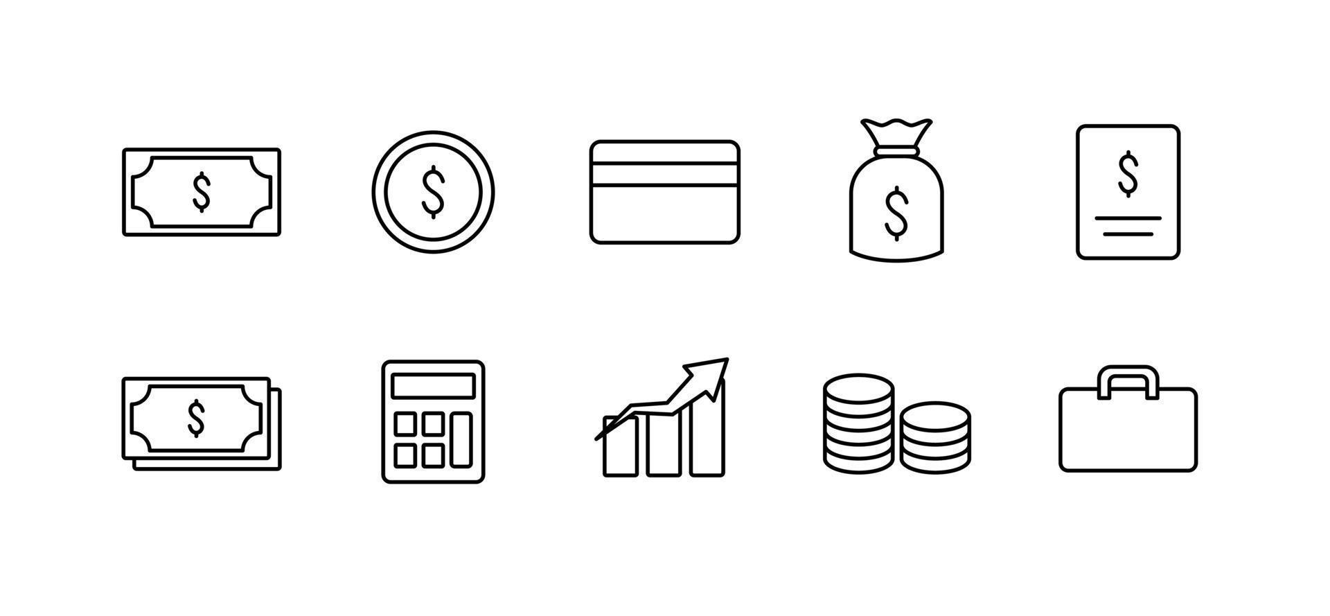 Finance Money Icon Set Simple Black Thin Line Symbol Money Coin Card Graph Calculator Illustration vector