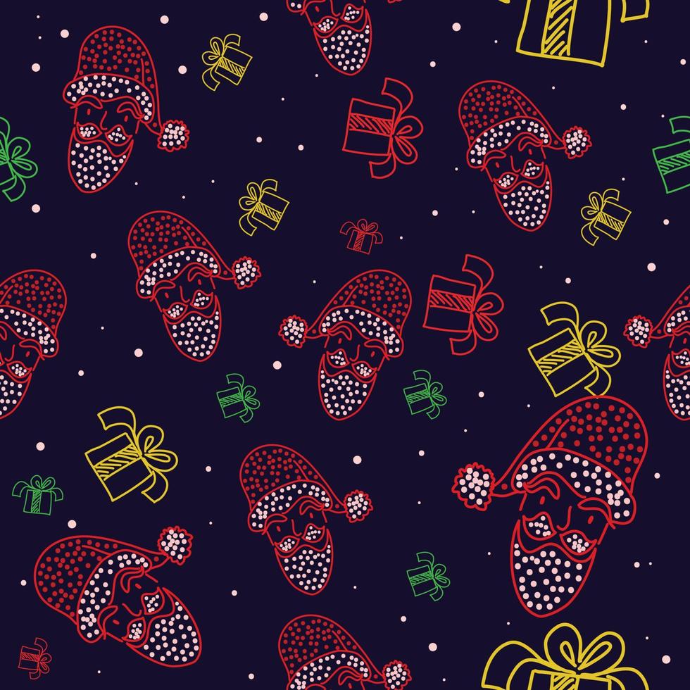 Navidad de patrones sin fisuras y tarjeta de felicitación de feliz año nuevo, decoración con nieve, Papá Noel, regalos y dulces, estilo de doodle del festival, ilustración vectorial de fondo vector