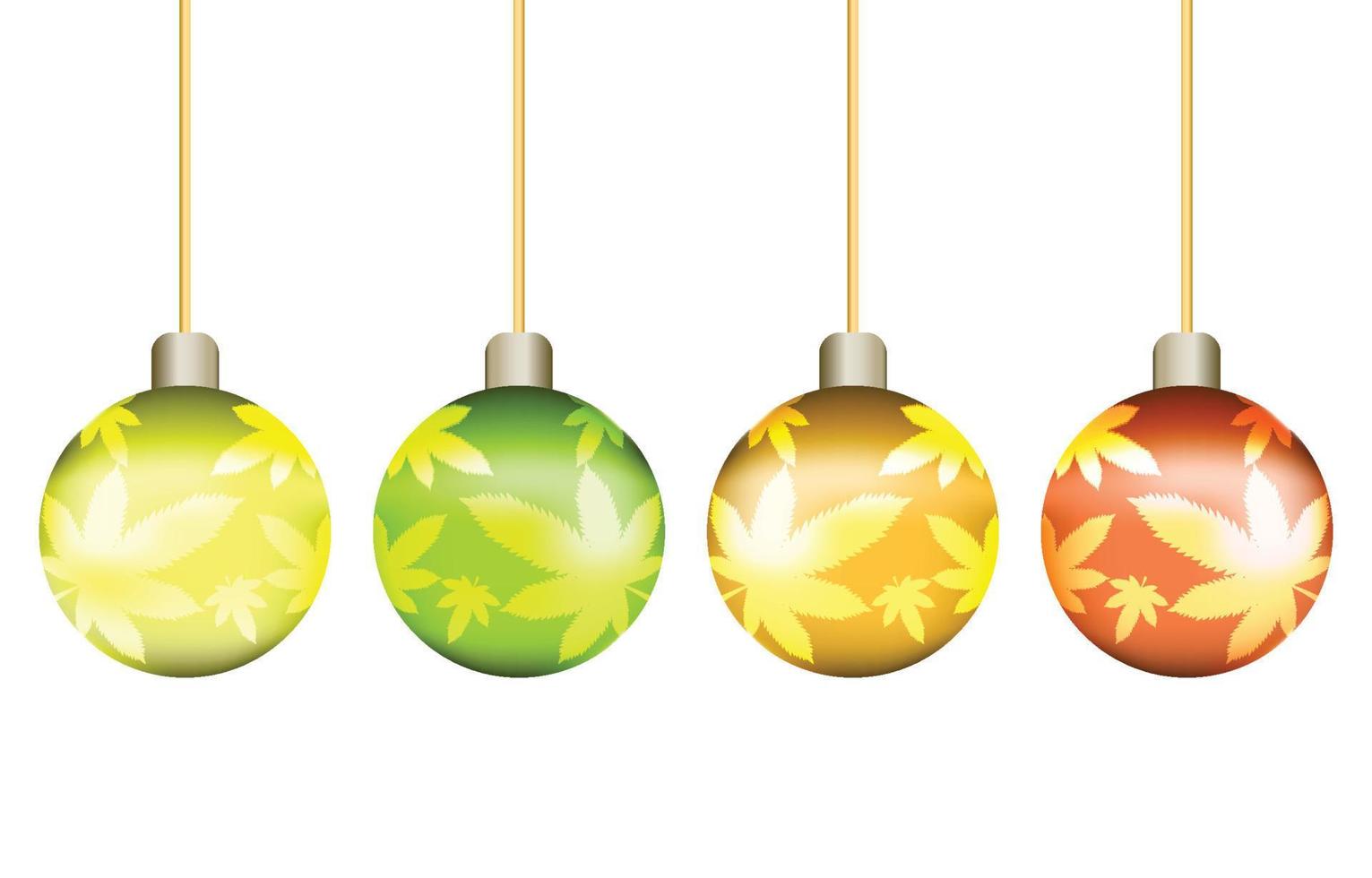 coloridas bolas de navidad colgando. decorado con un estampado de hojas de cannabis. concepto de vector de ilustración de fiesta de año nuevo y festival de navidad