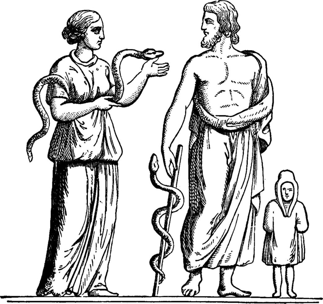 Hygea and Aesculapius vintage illustration. vector