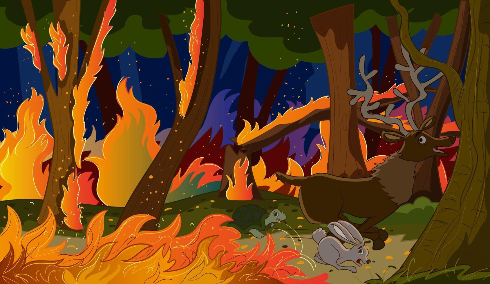 animales que escapan de los incendios forestales y de los incendios forestales. ilustración vectorial. vector