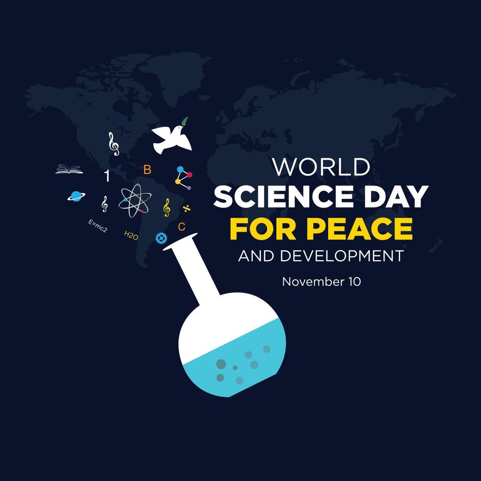 día mundial de la ciencia para la paz y el desarrollo. 10 de noviembre. diseño de fondo con ilustración de vector de paloma de ciencia voladora.