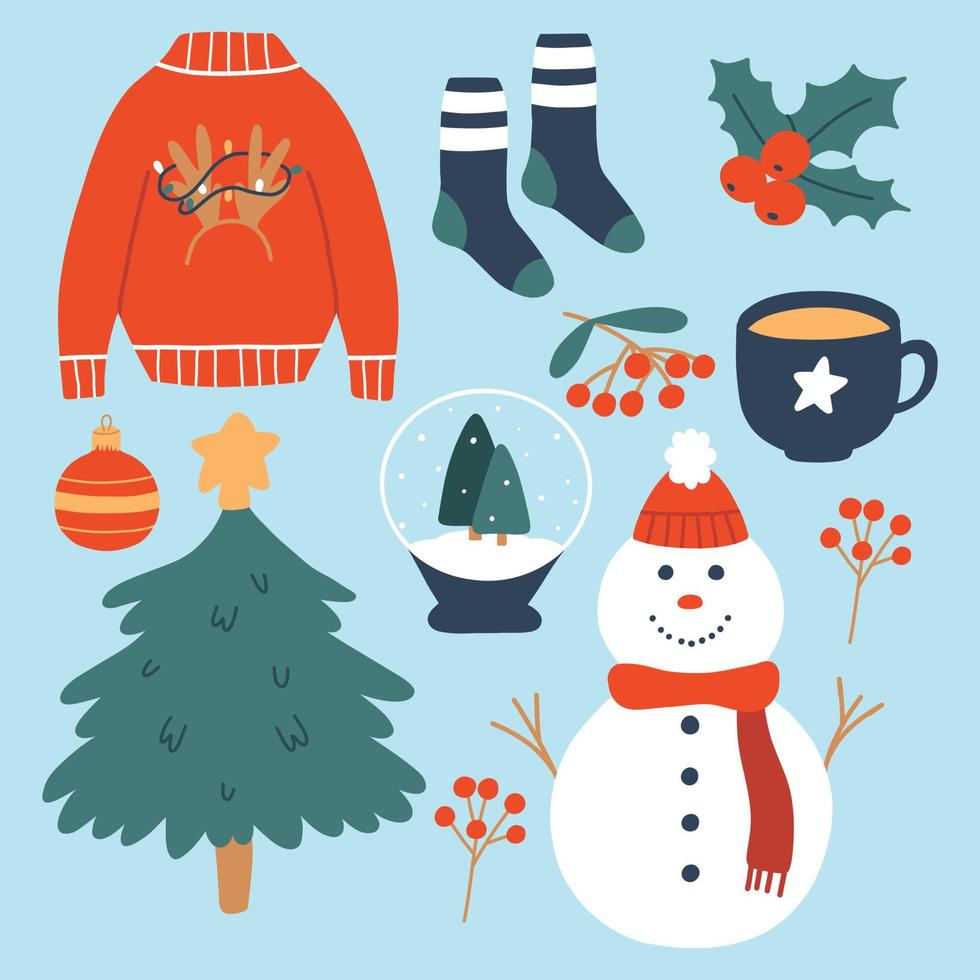 Set of winter elements. Collection of winter objects. Sweater, snowman, Christmas tree, socks. Vector illustration. Christmas decor. Flat style.