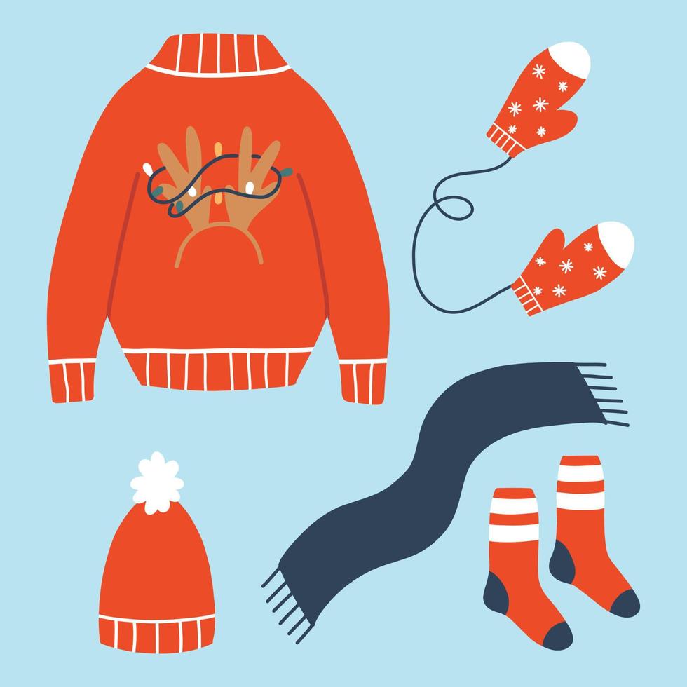 Set of winter clothes. Christmas mittens, sweater, hat, socks. scarf. Vector illustration. Flat style.