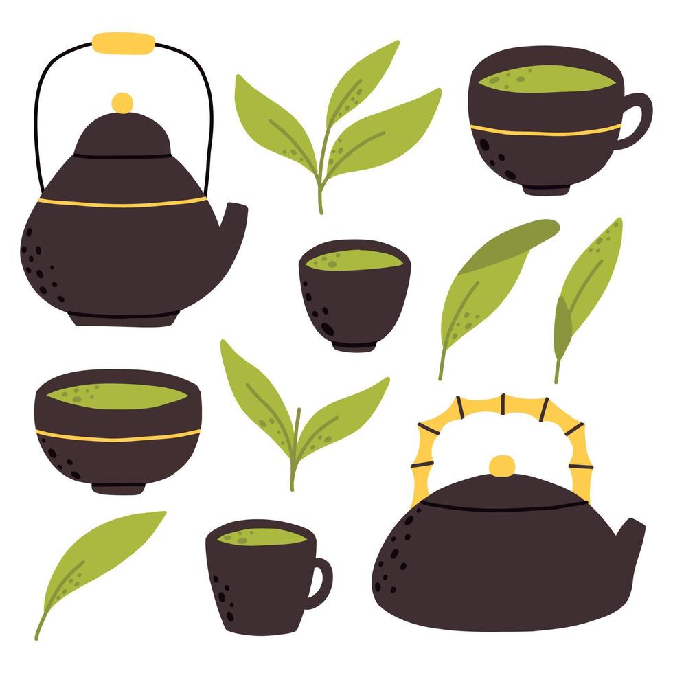 Matcha tea. Vector set of organic tea matcha powder, tea leaves, teapot, traditional cup. green tea ceremony. Healthy drink.