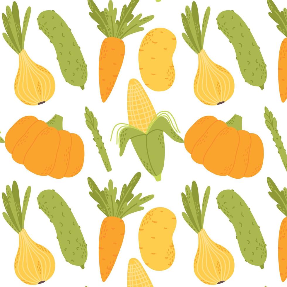 patrón sin costuras con verduras. sin fisuras con maíz, calabaza, cebolla, zanahoria, pepino, patata. ilustración vectorial estilo dibujado. vector