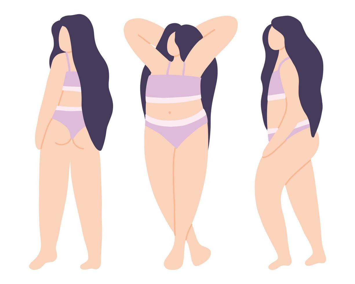 Set of girls body positive. Cute girls standing. Vector illustration.