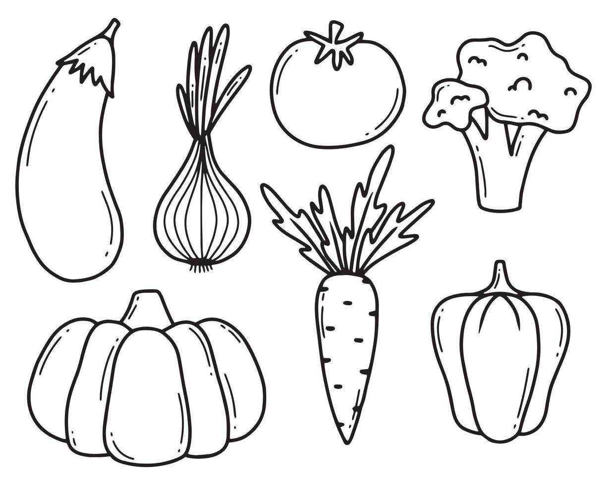 Set of vegetables. Doodlestyle. Vector illustration. Collection of linear vegetables. Broccoli, eggplant, onion, carrot, pepper, pumpkin.