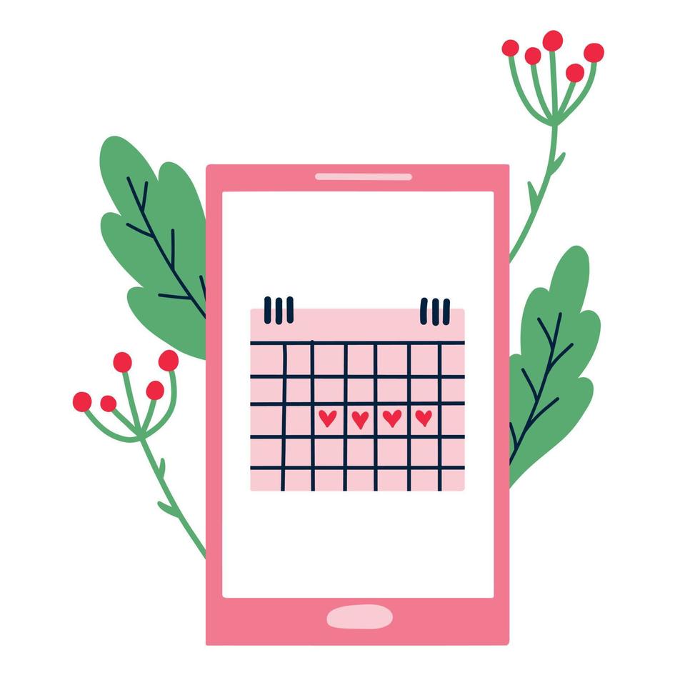 Menstrual calendar. Menstrual calendar in a mobile phone. Vector illustration. Flat style.