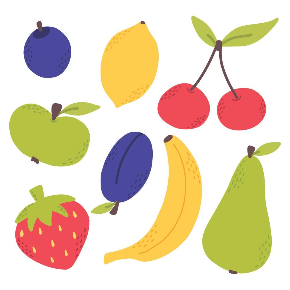 un conjunto de deliciosas frutas. colección de frutas dibujadas a mano. manzana, pera, limón, cereza, ciruela, plátano. estilo plano ilustración vectorial vector