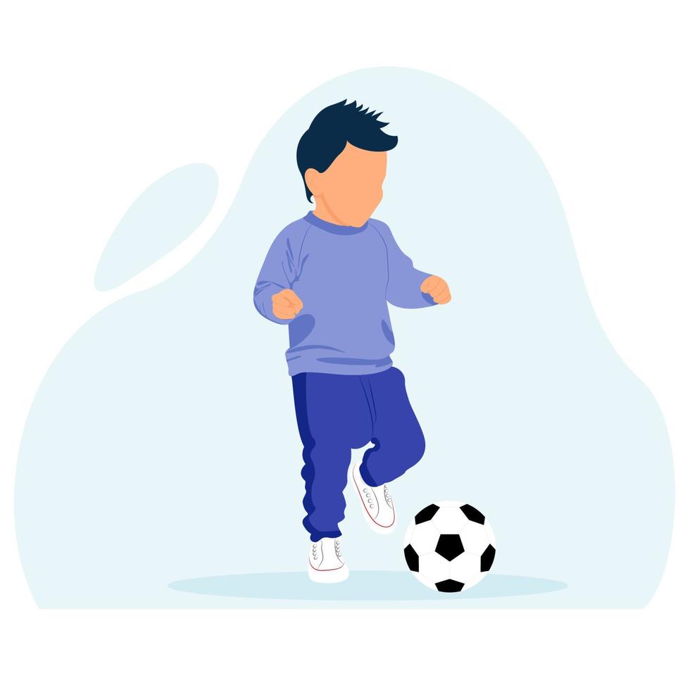 niño jugando un partido de fútbol. niño tratando de golpear la pelota. niño jugando al fútbol. ilustración de personaje de vector plano