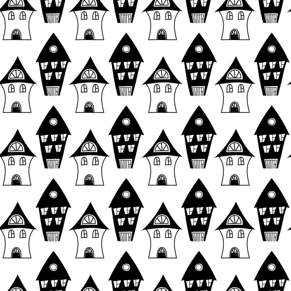 Seamless black and white pattern with hand drawn houses in doodle style for kids fabric, clothes, posters, prints vector