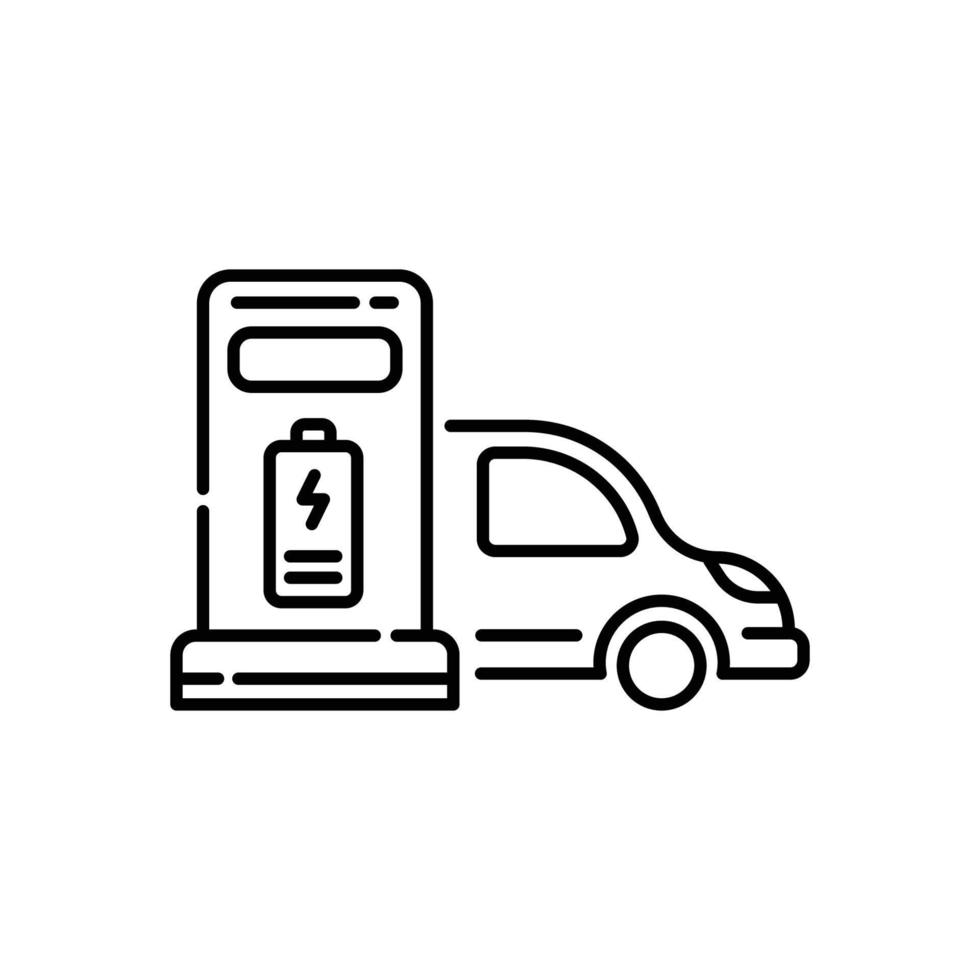 Electric car charging line icon with battery indicator vector graphic