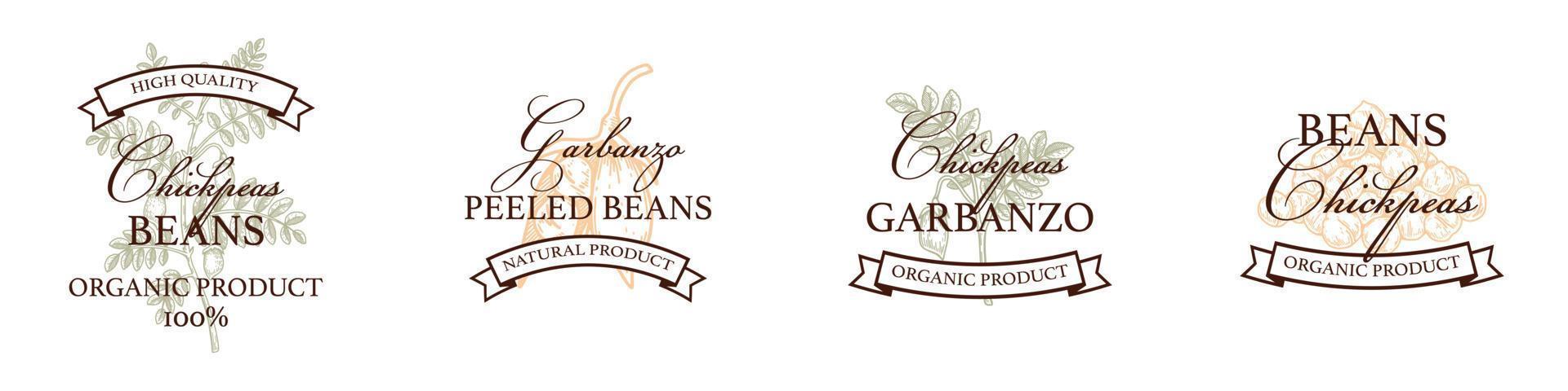 Set of hand drawn vintage chickpeas logo templates. Vector illustration in sketch stile. Botany design isolated on white